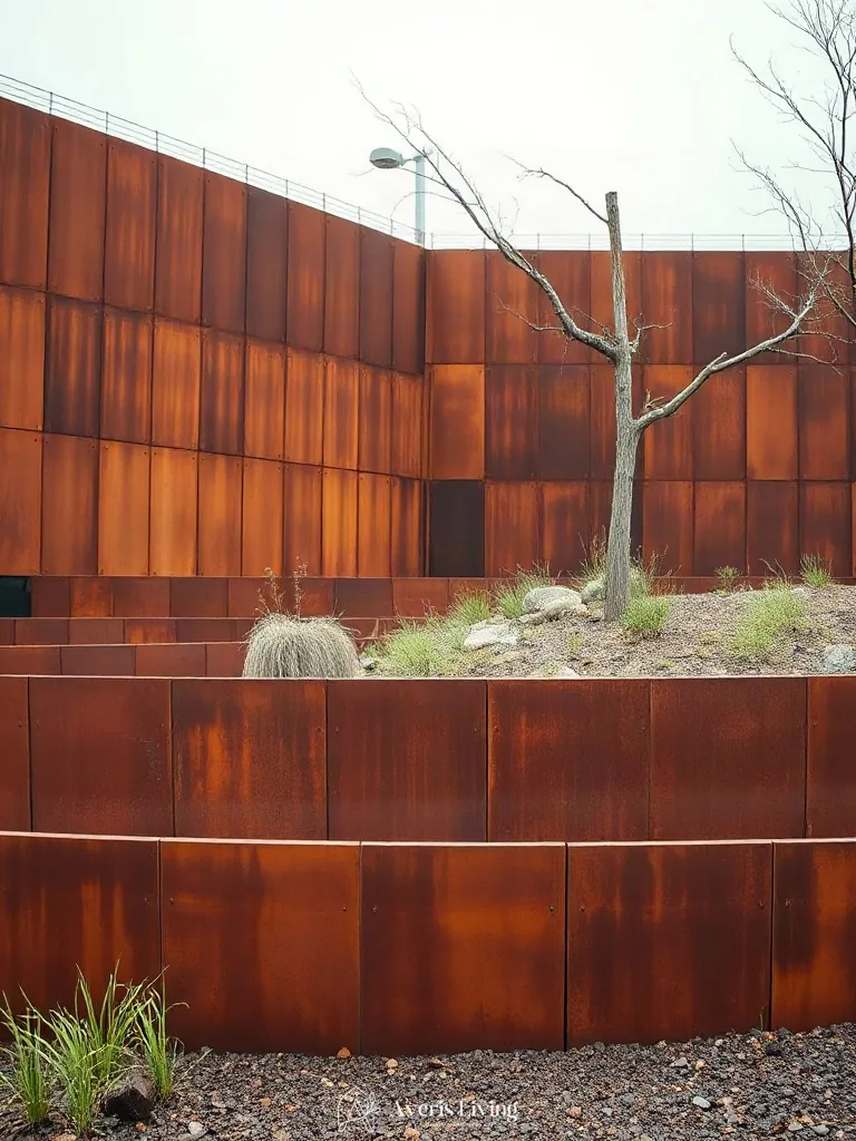 Weathered steel retaining wall in a modern backyard