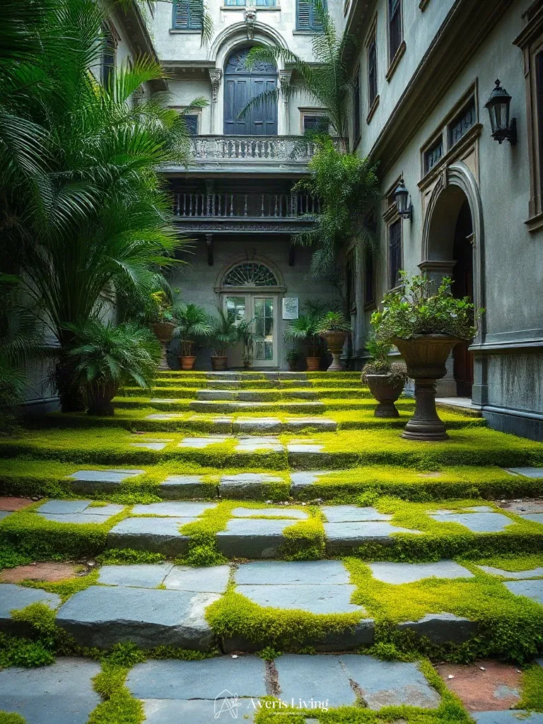 Weathered organic stone finishes in a tropical backyard