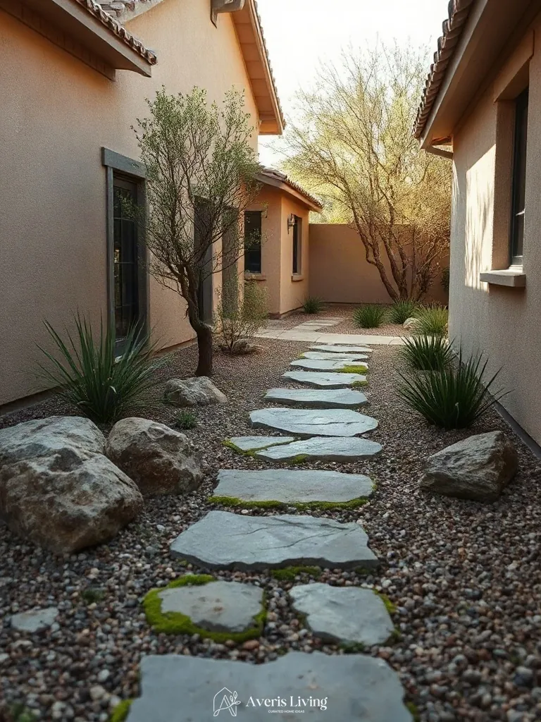 Weathered organic stone finishes in a drought tolerant backyard