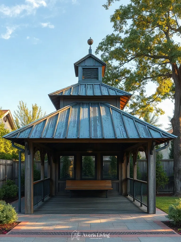 Weathered organic finishes on a custom aesthetic backyard gazebo design