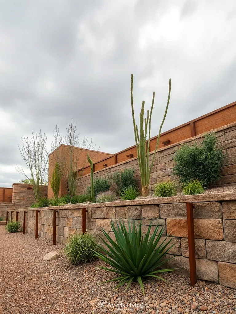 Weathered organic finishes on a backyard retaining wall