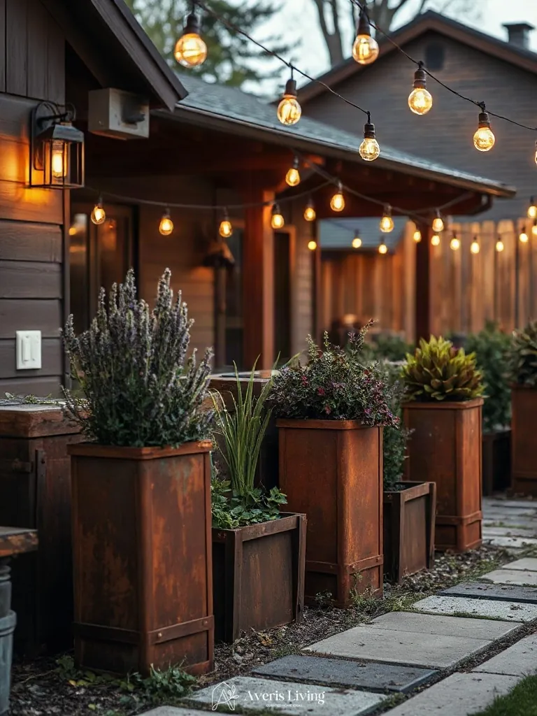Weathered Corten steel planters beneath vintage-style string lights