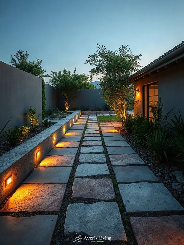 Weathered modern backyard stepping stones design with authentic organic finishes