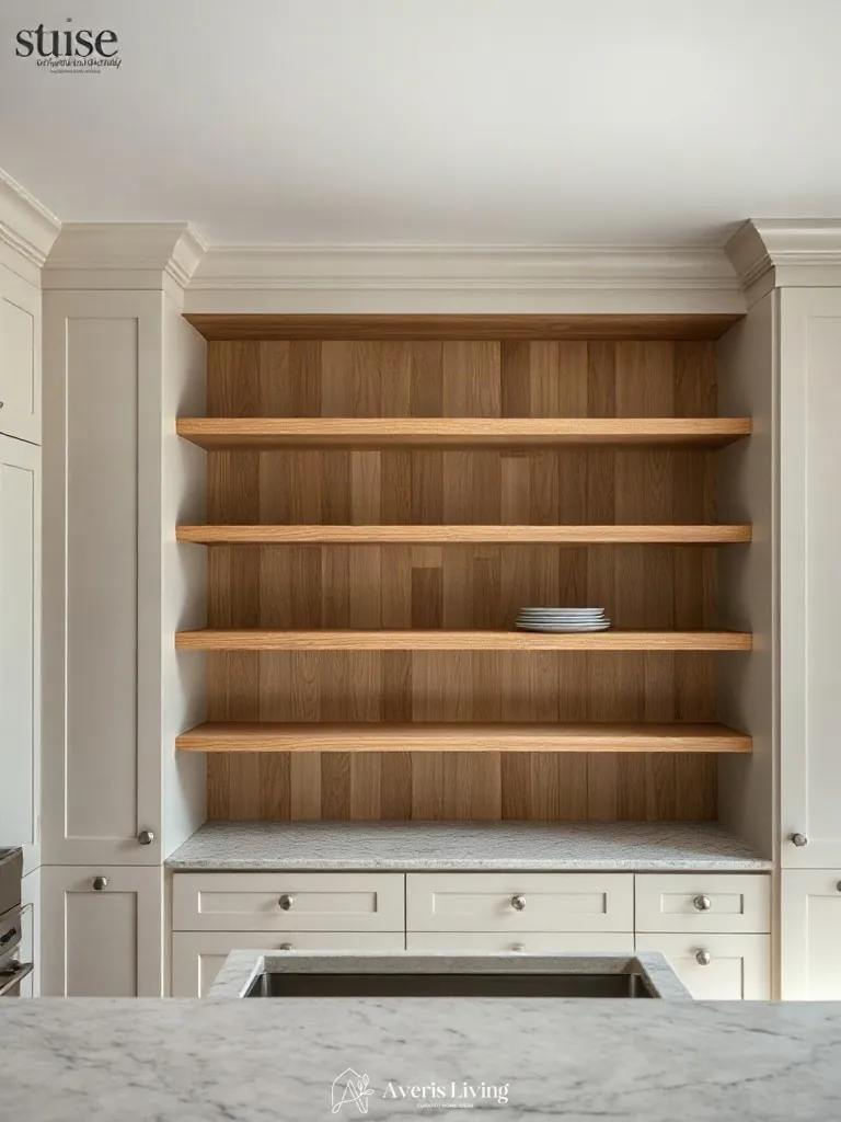 White oak shelving integrated into budget-friendly kitchen storage design