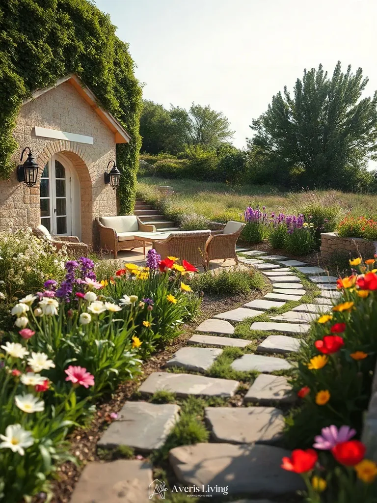 Naturalistic wildflower meadows bordering boho patio seating ideas on a landscape.