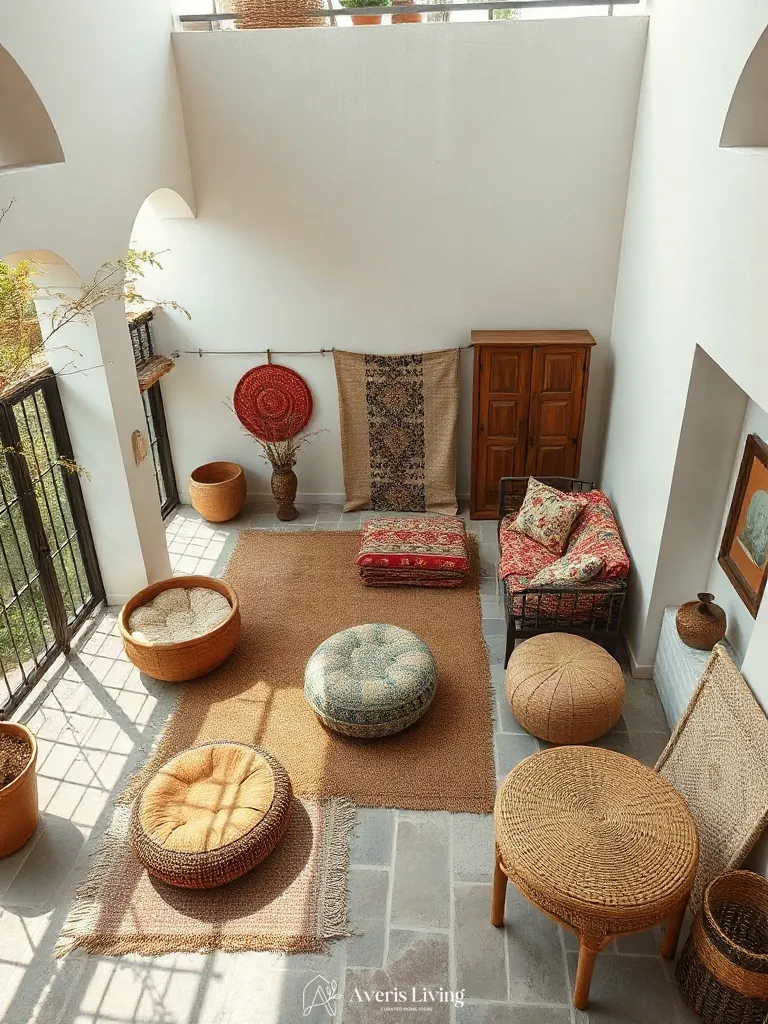 Woven natural fibers and tactile textiles in a bohemian balcony decor scheme.