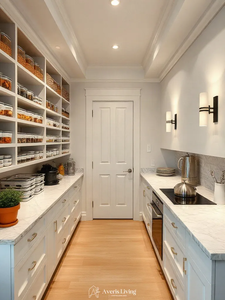 Zoned dry goods utilizing structured pantry organization bins and labels in a modern pantry.