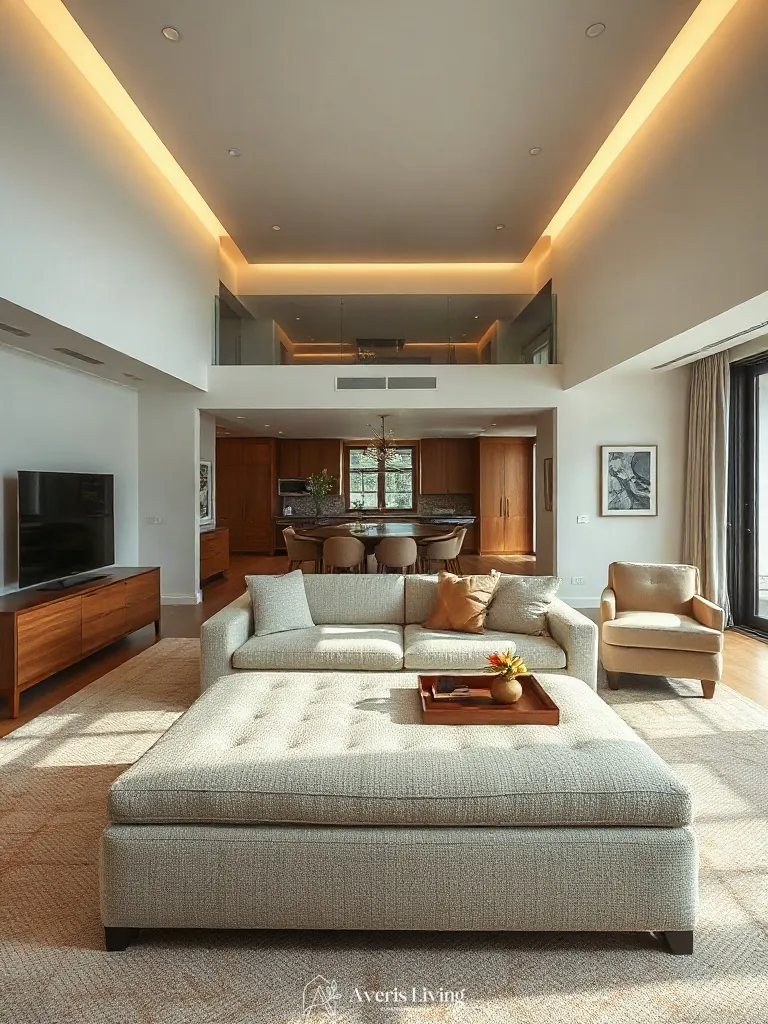 Open-concept living room layout featuring a structured storage ottoman defining spatial zones