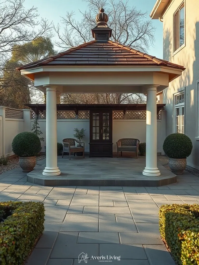 Zoned backyard featuring a quiet aesthetic backyard gazebo design corner