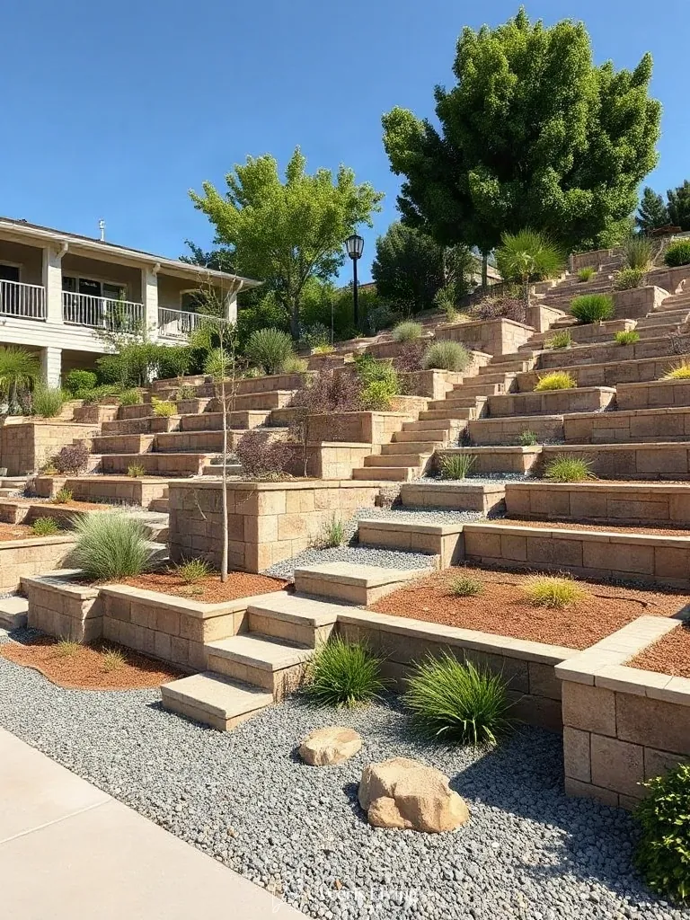 Terraced sloped landscape utilizing backyard retaining walls