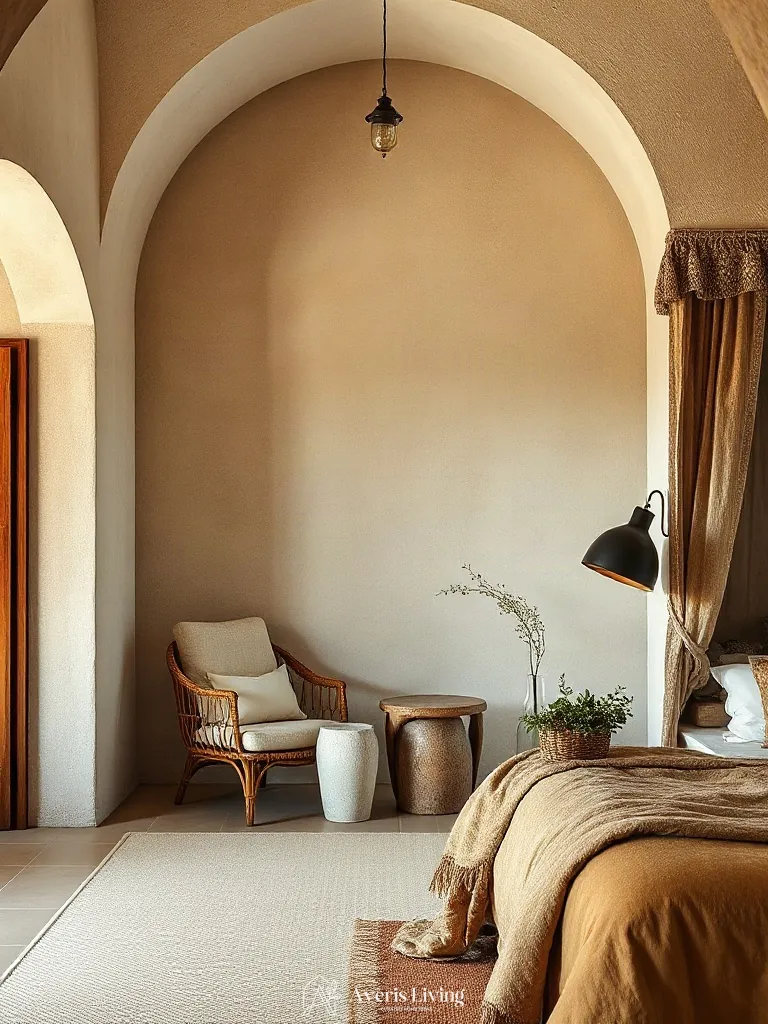 Lounge nook zoning in an earthy boho bedroom aesthetic