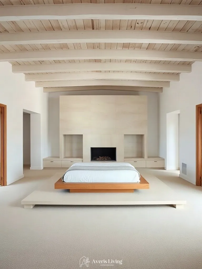 Master suite zoning showcasing neutral farmhouse bedding sets as the central architectural anchor
