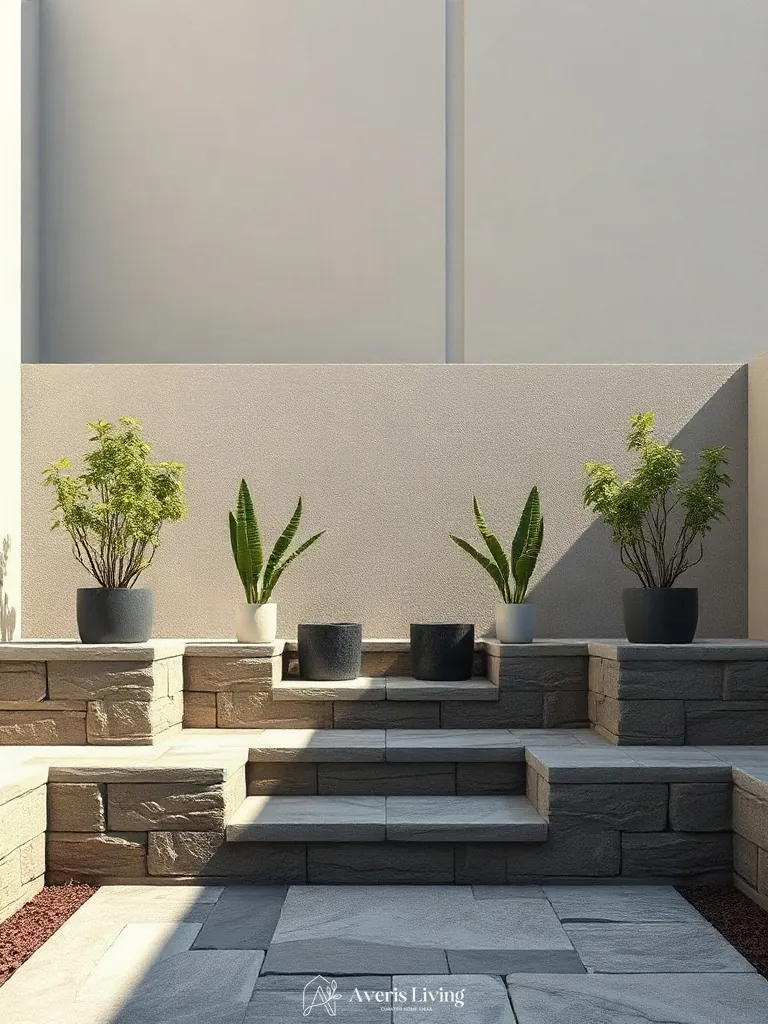 Zoned shaded backyard perimeter with retaining walls