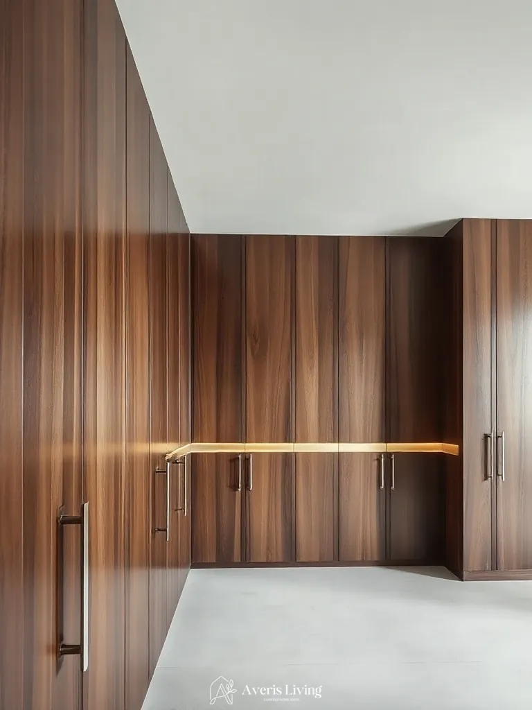 Brushed brass accents in a modern wood slat wall living room