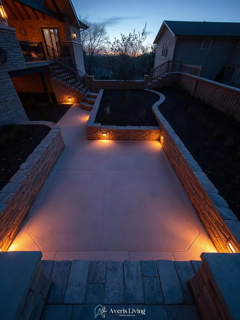Dry-stacked architectural masonry walls defining the boundaries of an open backyard landscape.