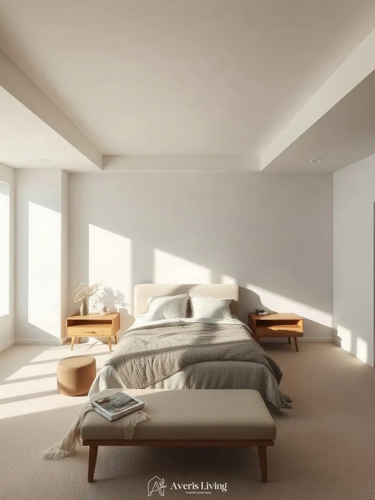 Elevated architectural overview of furniture flow in a neutral scandinavian bedroom
