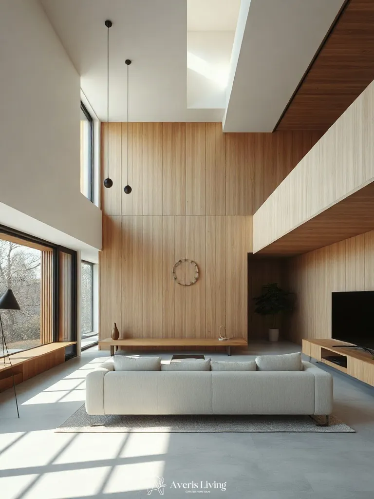 Elevated view of furniture layout in a modern wood slat wall living room