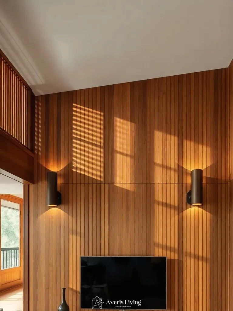 Architectural sconces casting light on a wood slat wall living room