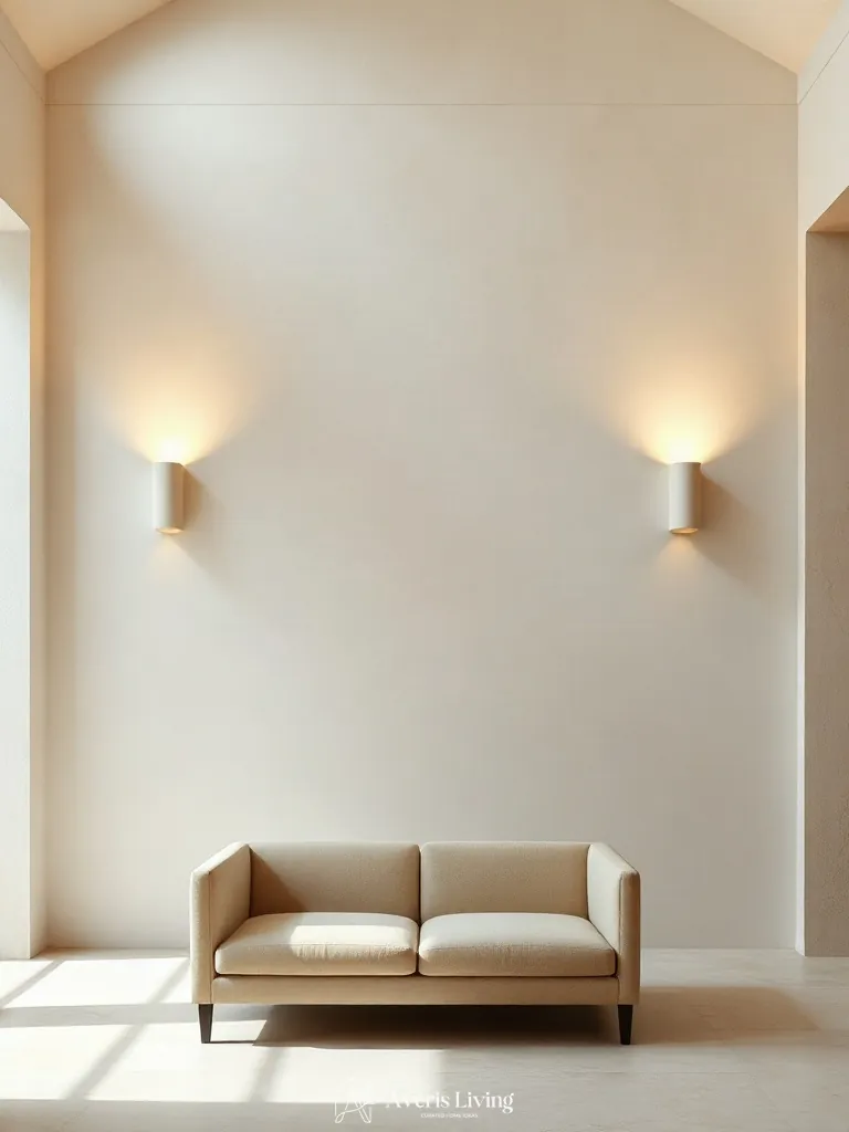 Architectural wall sconces casting soft light on a low profile sofa japandi style