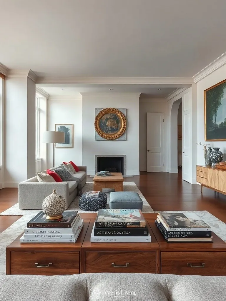 Artful editorial styling featuring books and objects on storage coffee table designs.