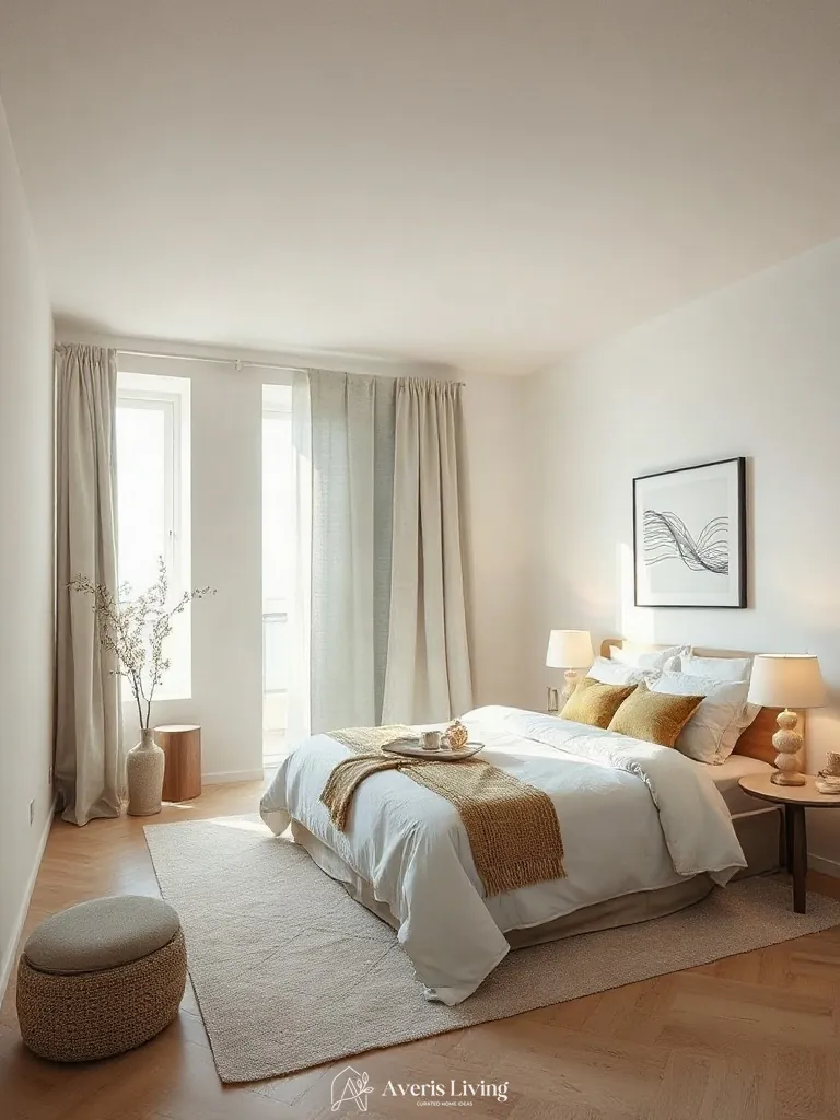 Artful editorial styling and minimalism in a neutral scandinavian bedroom