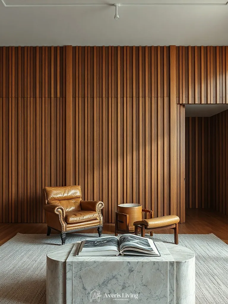Artful editorial styling in a modern wood slat wall living room