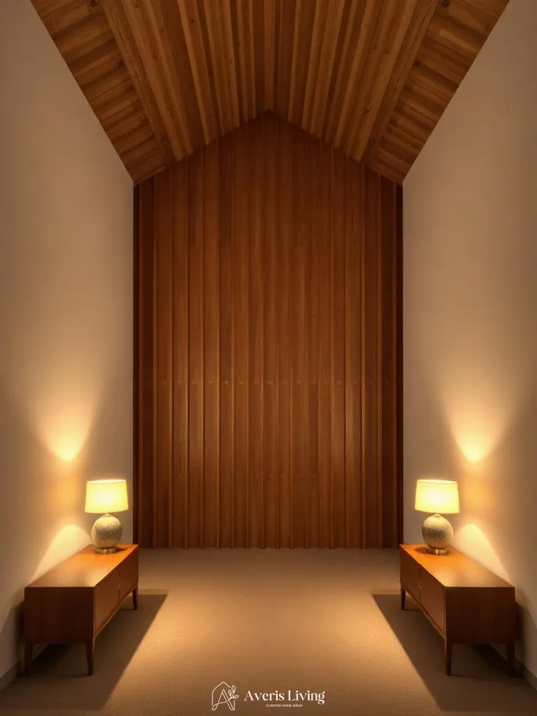 Soft table lamps lighting a wood slat wall living room