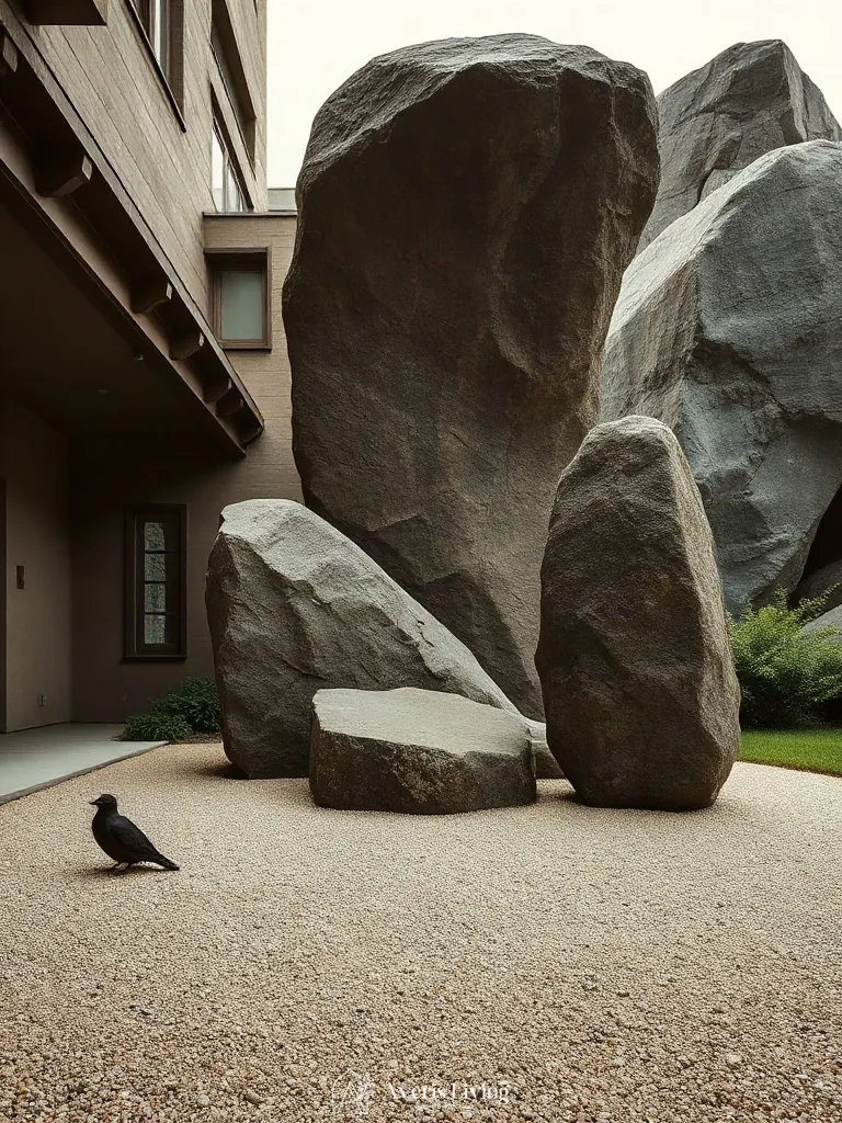 Raw mineral stone monoliths placed within a minimalist open backyard garden setting.