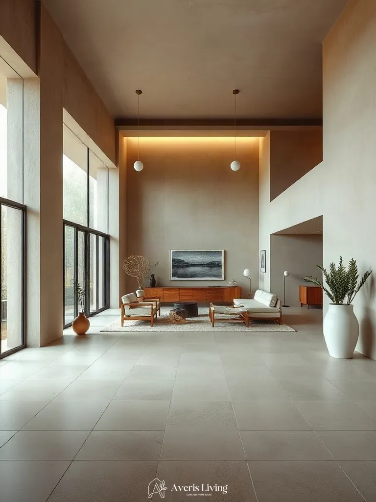 Asymmetrical room layout highlighting minimalist wabi sabi decor principles