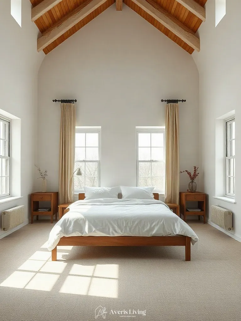 Balanced bed placement and sightlines in a neutral scandinavian bedroom