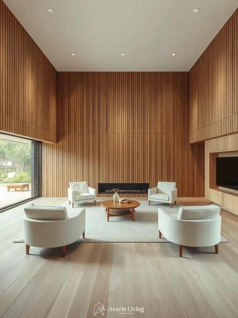 Circulation planning around a floor-to-ceiling wood slat wall living room