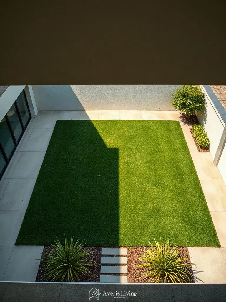 Proportional balance of concrete hardscape and open softscape in a modern backyard design.