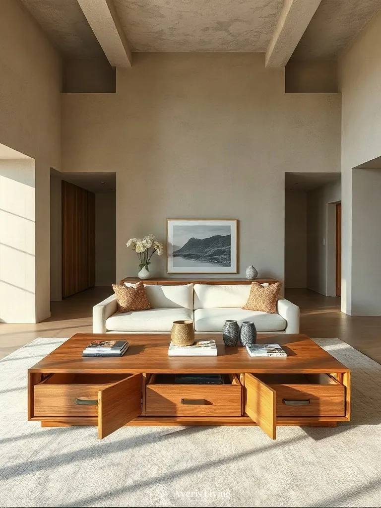 Bespoke concealed cabinetry within elegant storage coffee table designs.
