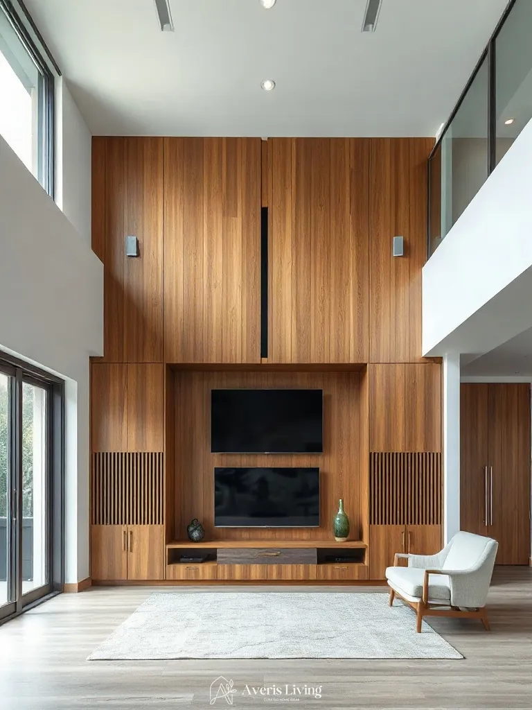 Bespoke entertainment cabinetry in a wood slat wall living room