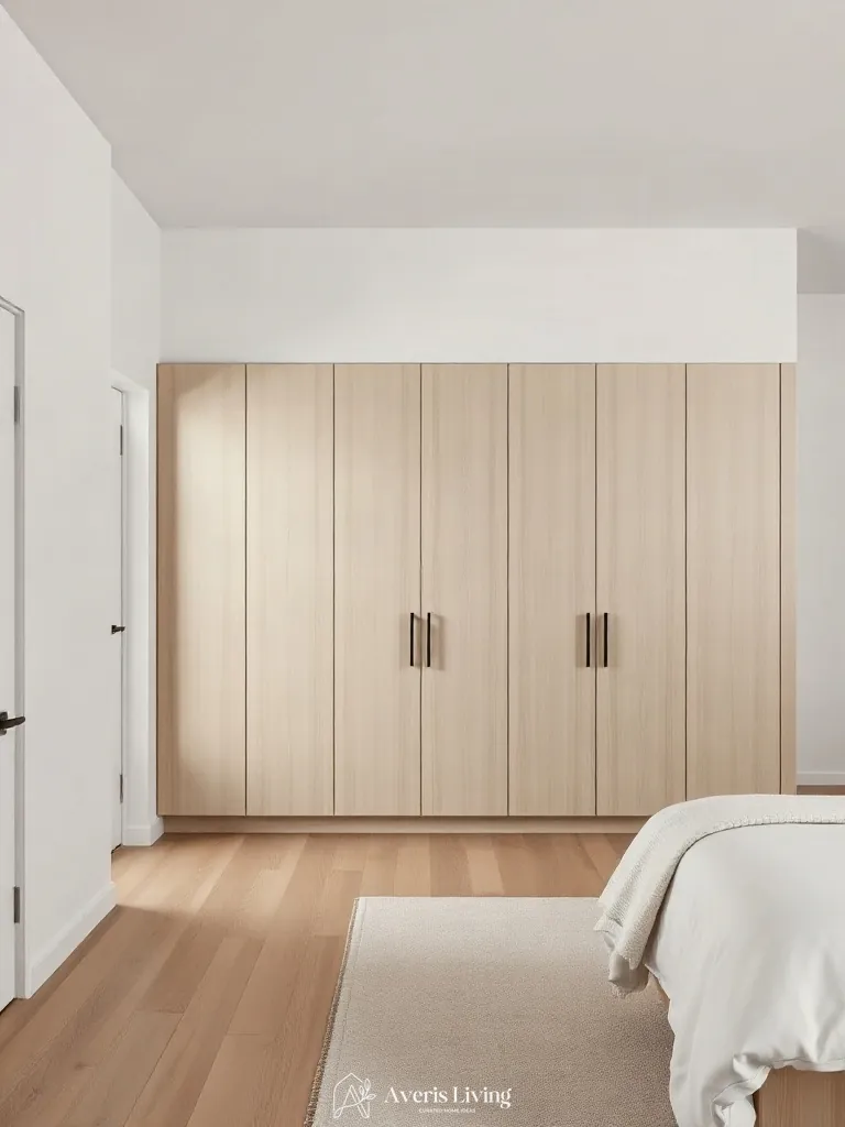 Bespoke floor-to-ceiling wardrobes in a neutral scandinavian bedroom