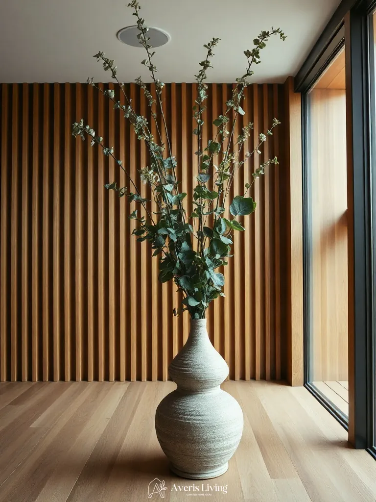 Organic botanical branches in a wood slat wall living room