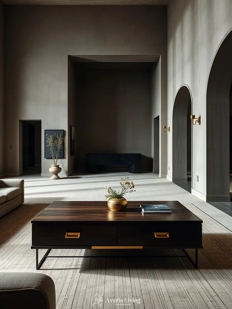 Brushed brass architectural details on modern storage coffee table designs.