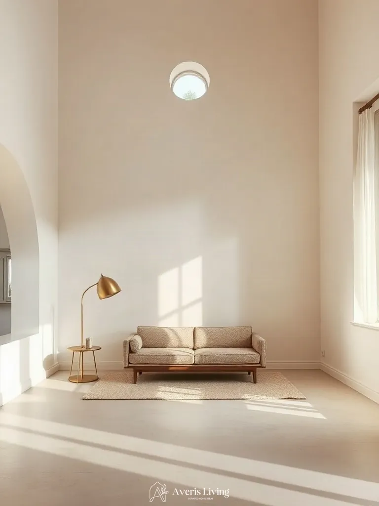 Brushed brass accents complementing a low profile sofa japandi style