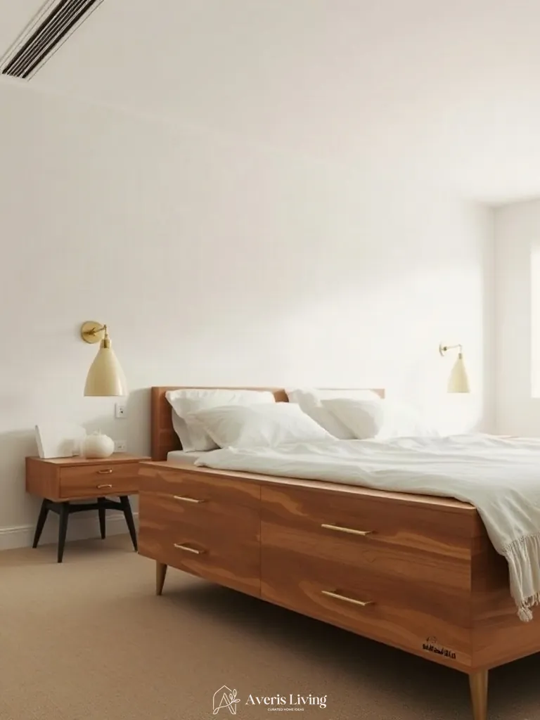 Brushed brass architectural hardware in a neutral scandinavian bedroom