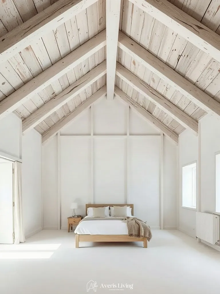Ceiling architecture and exposed beams in a neutral scandinavian bedroom