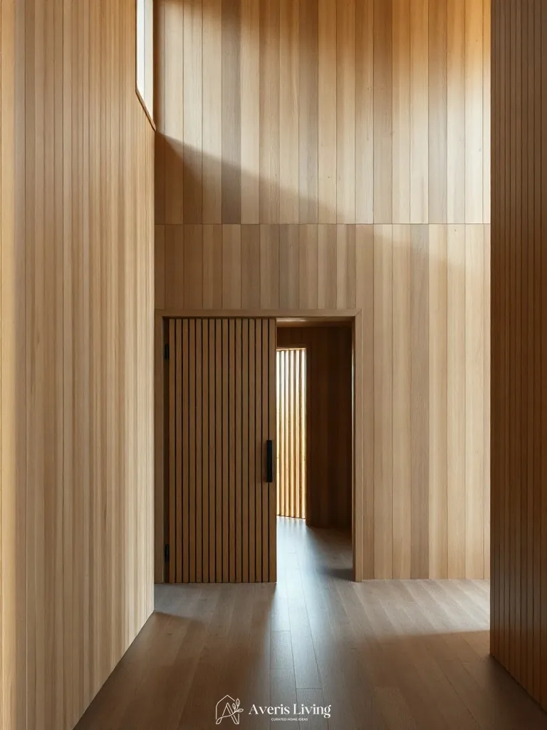 Concealed pivot door integrated within a wood slat wall living room