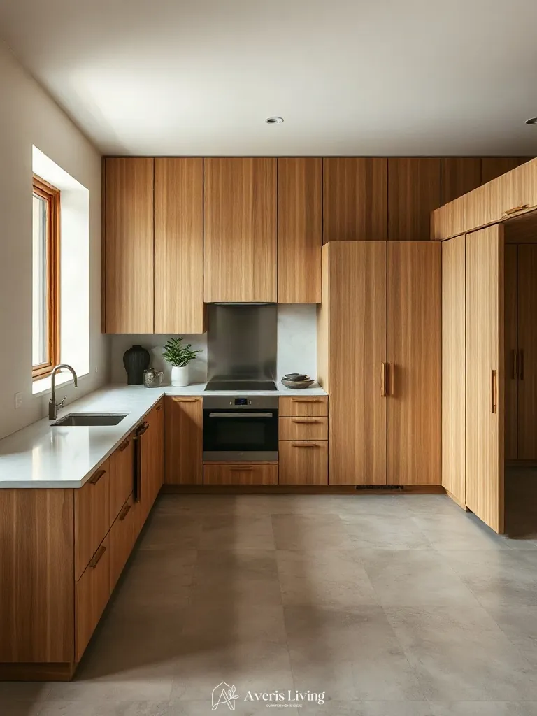 Concealed utility pantry and cabinetry in minimalist wabi sabi decor kitchen