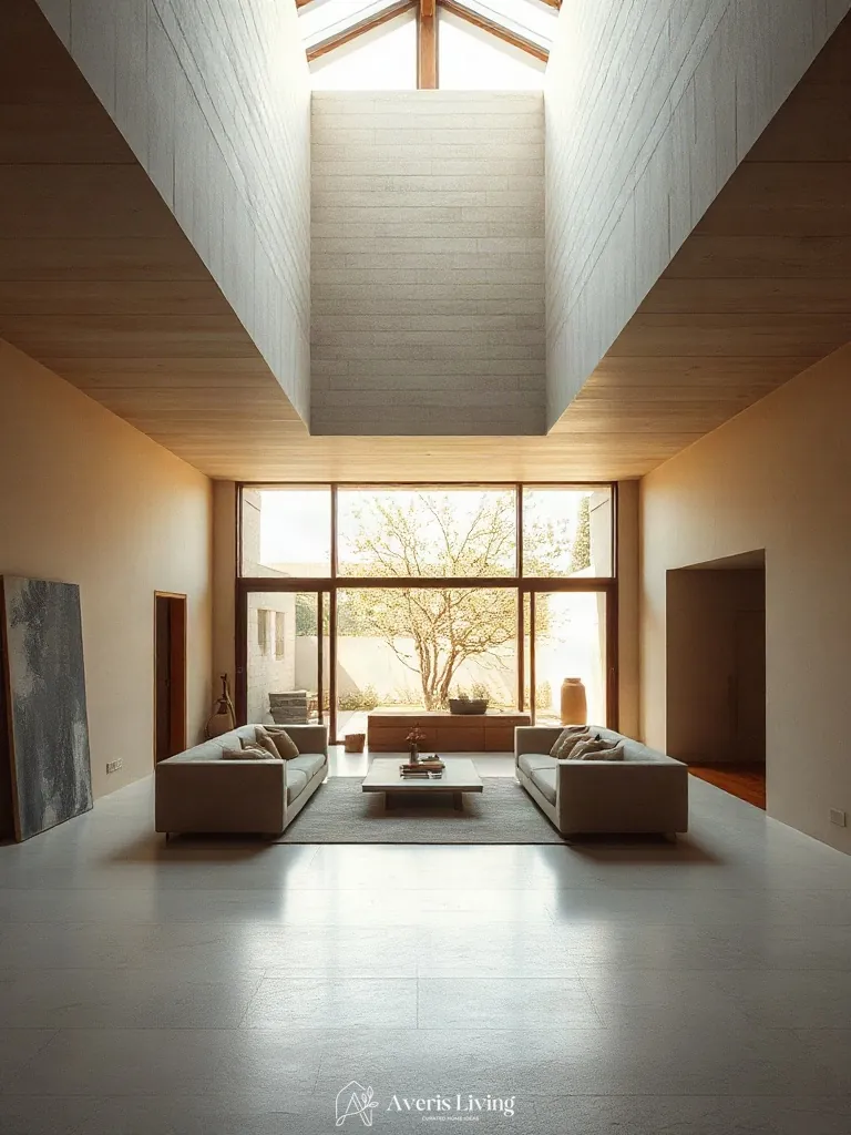 Interior layout framing views with minimalist wabi sabi decor