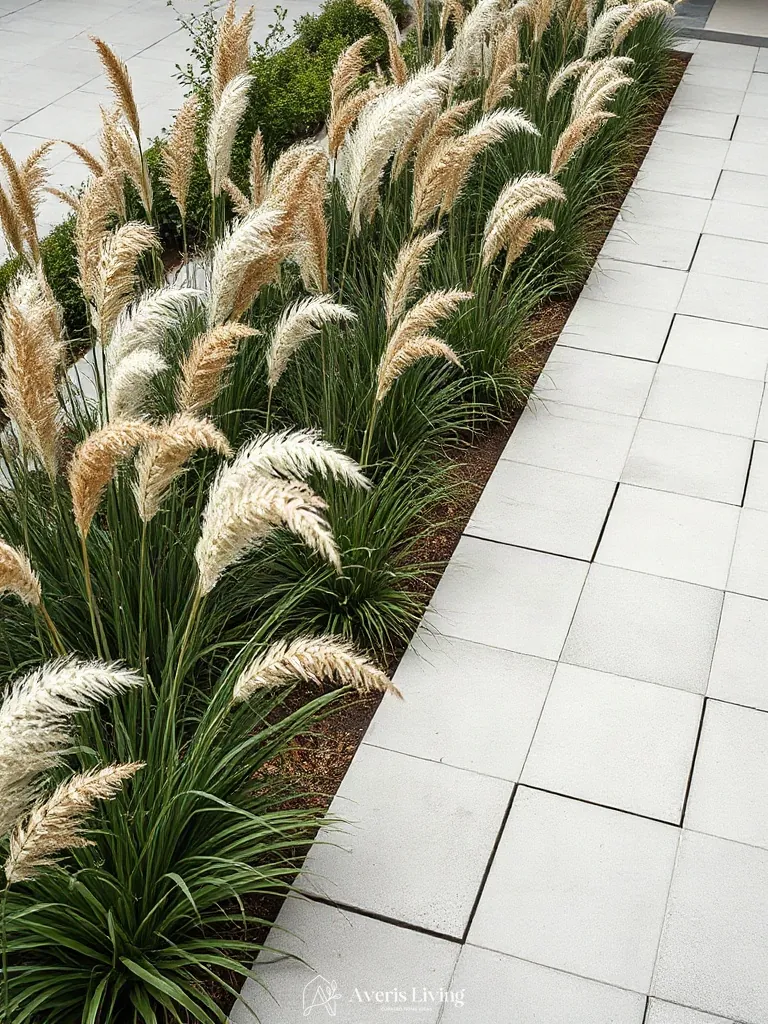 Curated ornamental grasses softening the hard edges of a modern open backyard.