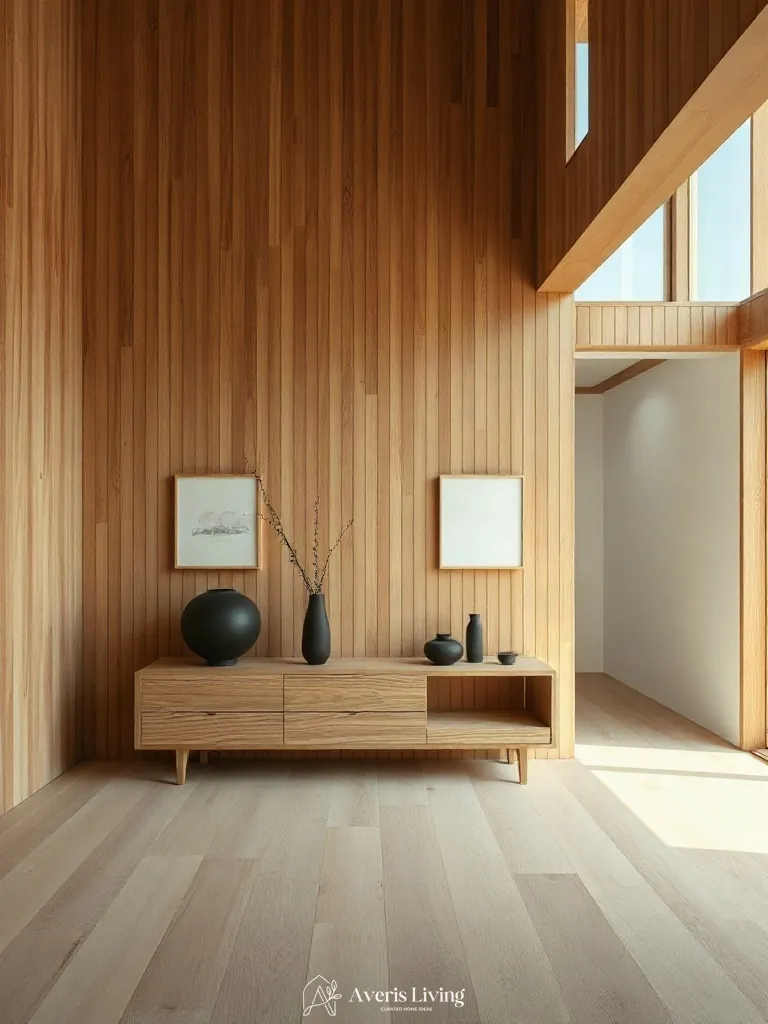 Sculptural ceramics on a console in a wood slat wall living room