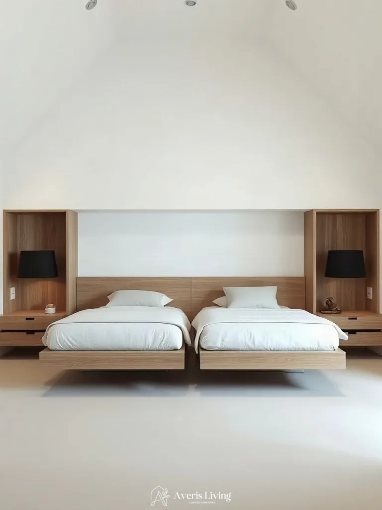 Custom built-in headboards and millwork in a neutral scandinavian bedroom