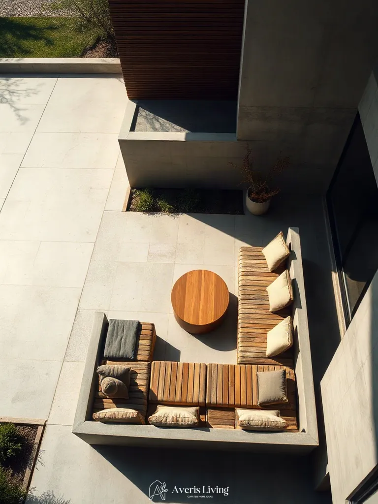 Custom cantilevered concrete and teak benches built into an open backyard patio.
