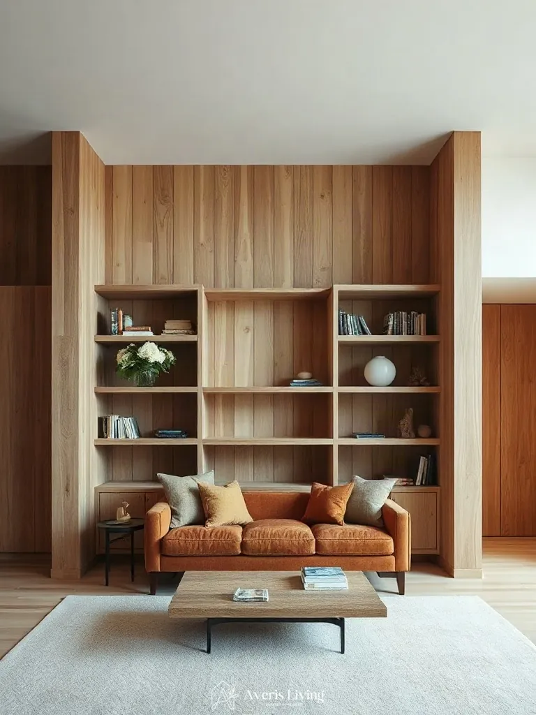 Custom built-in millwork framing a low profile sofa japandi style