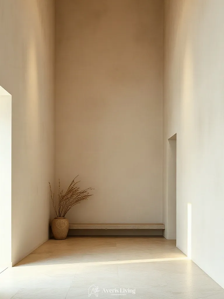 Custom lime-washed wall paneling in a minimalist wabi sabi decor interior