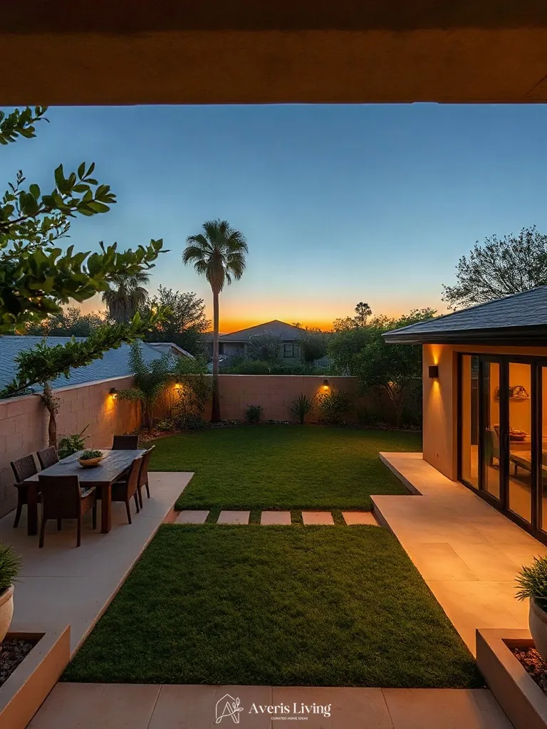 Zoned layout in a contemporary backyard landscaping open space highlighting terrace and lawn integration.